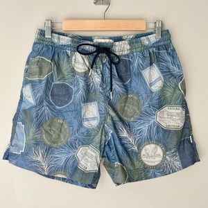 KATAMA | Blue and Green Destination Print Emerson Swim Trunks Suit 5” Palm Print